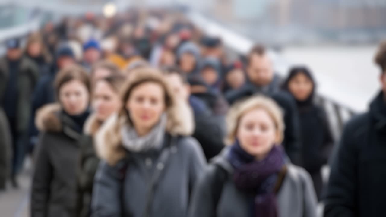 Blurred crowd moves forward in urban setting. Faces indistinct, expressions unreadable. Cold weather, heavy jackets, hooded figures. People walk briskly, unaware of camera's gaze