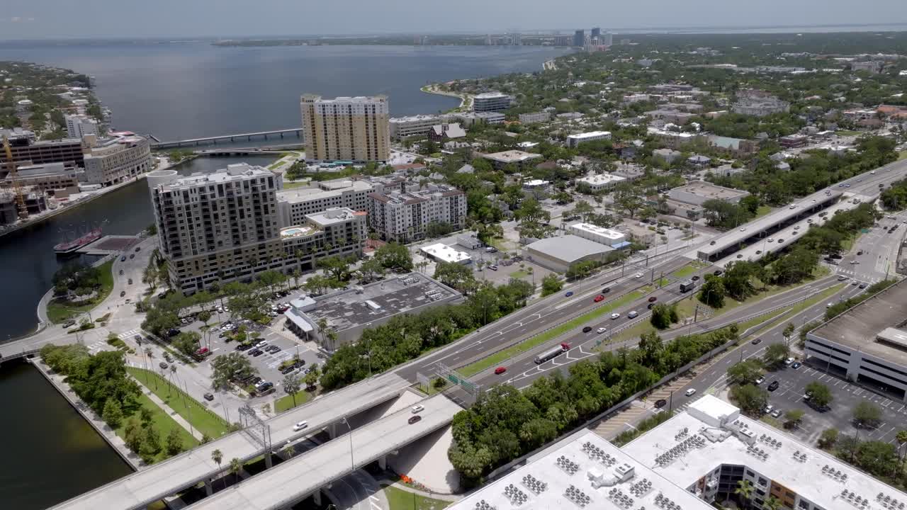 Busy freeway in Tampa, Florida with drone video stable wide shot
