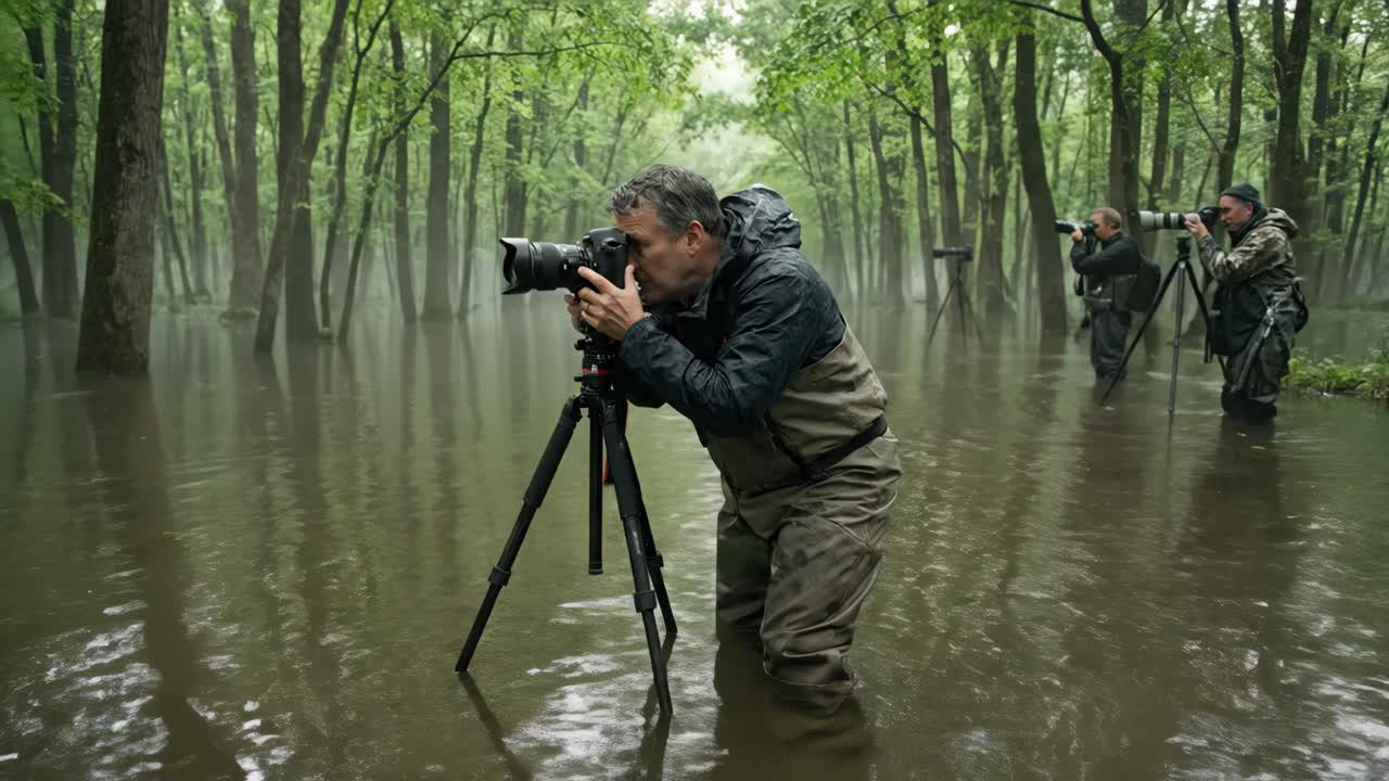 Naturfotografer, der arbejder i en oversvømmet skov