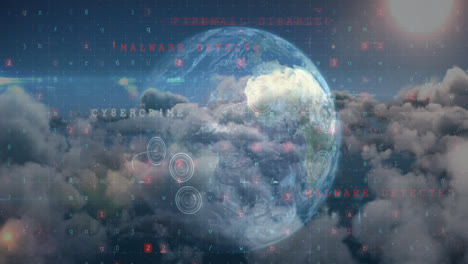 cyber security data processing over globe against clouds in blue sky