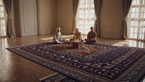 family members sitting on prayer rug, engaging in prayer and spiritual reflection during the holy month of ramadan, within a beautifully decorated home