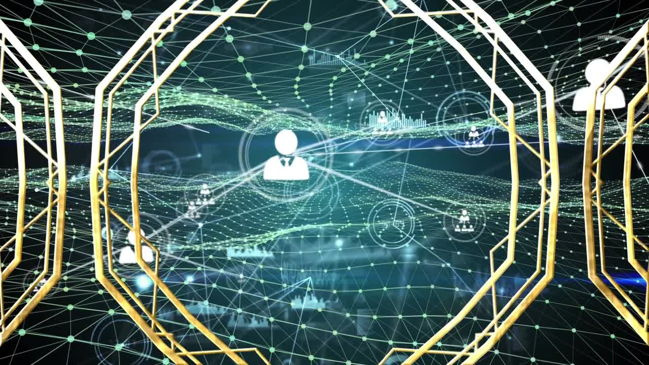 Animation of network of connections and data processing over dark background