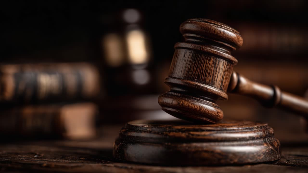 Primo piano di un martelletto su un blocco sonoro di legno circondato da libri di diritto, a simboleggiare la giustizia e il sistema legale in un ambiente professionale.