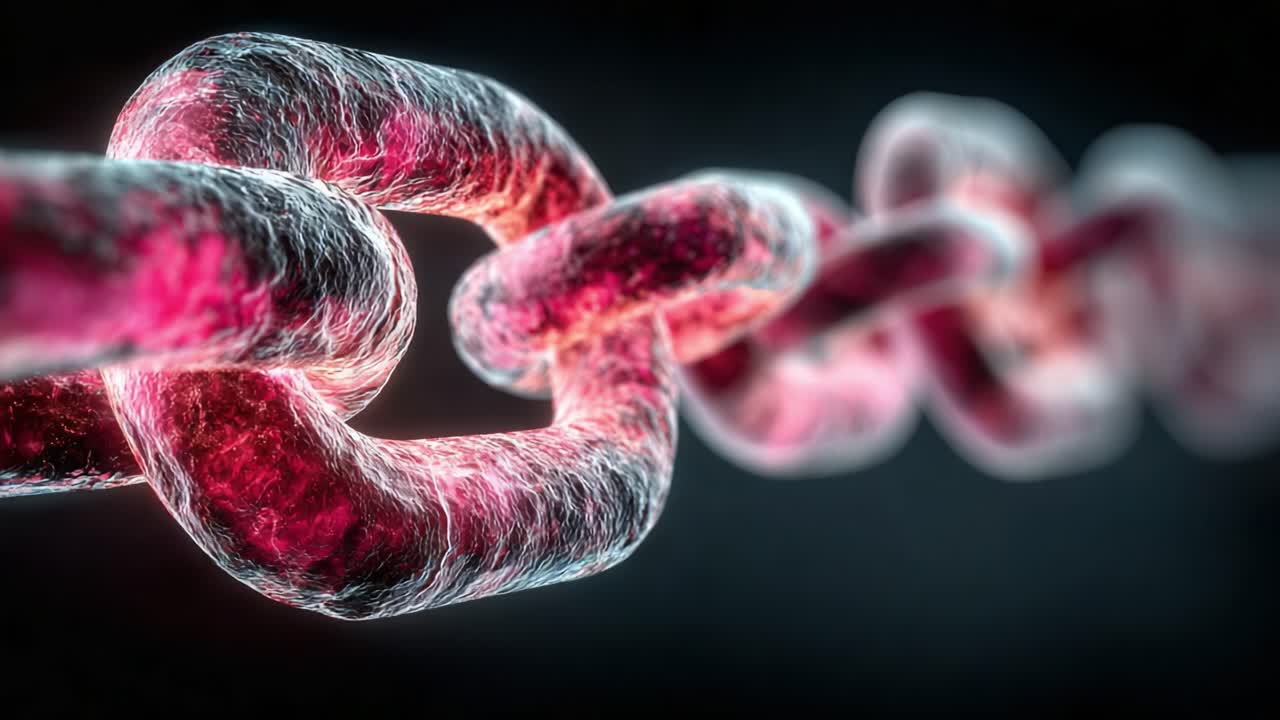 Detailed Visualization of a Complex Chain Structure Highlighting the Interconnected Links and Their Intricate Texture Against a Dark Background