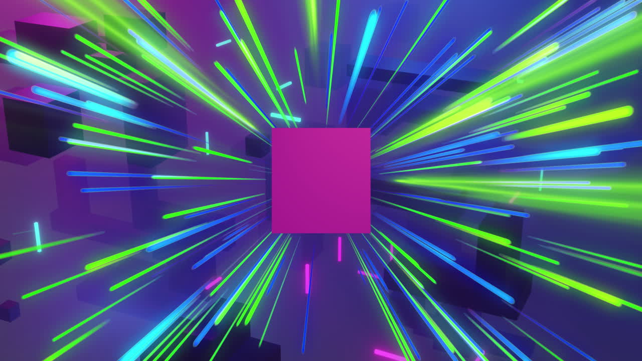 animación del cubo rosa y procesamiento de datos sobre rastros de luz de transferencia de datos