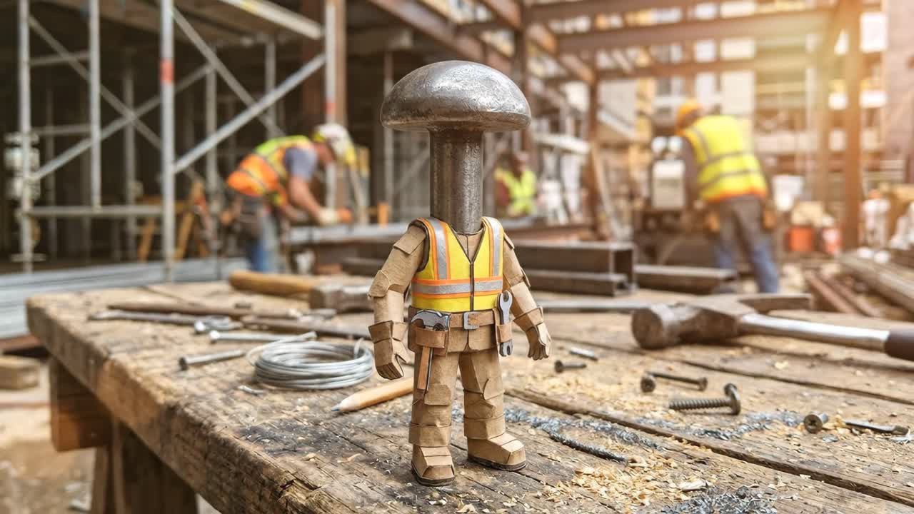 Creative Construction Worker Figure on Workbench at Building Site