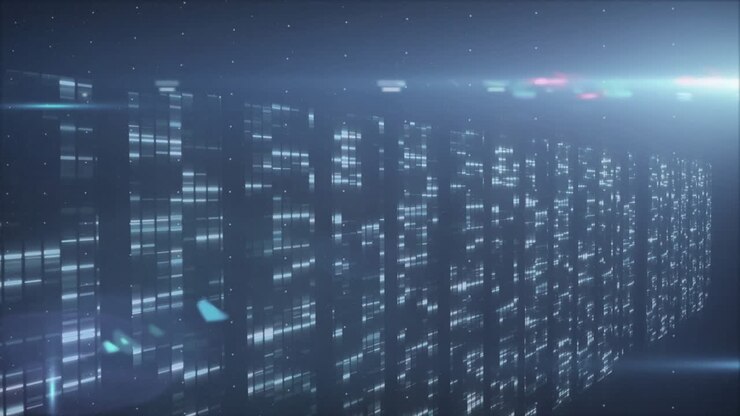 Flat design network interface showing linking avatar icons streaming data, glowing bars and flares