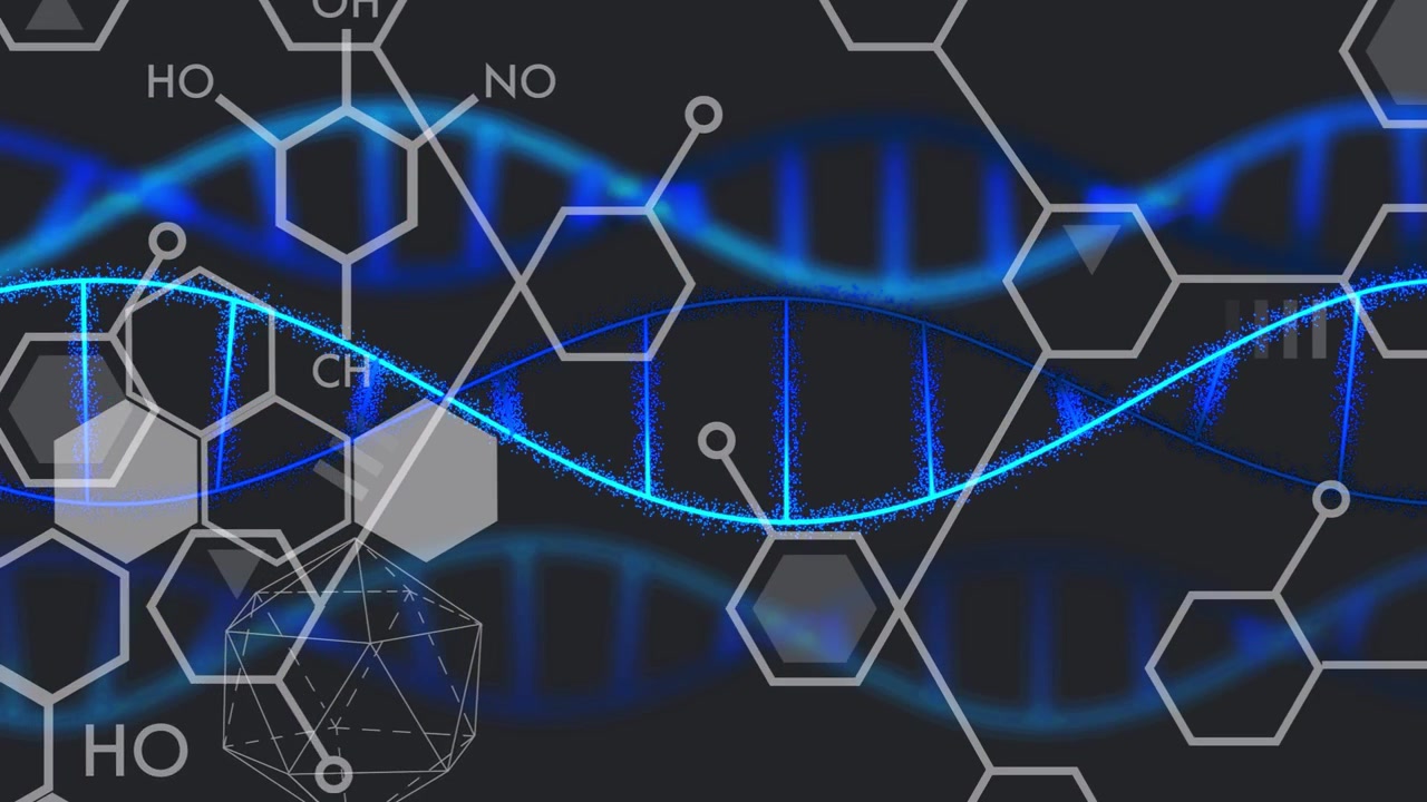 Bright cyan strand appearing, oscillating and pulsing across dark backdrop, showing molecular bonds