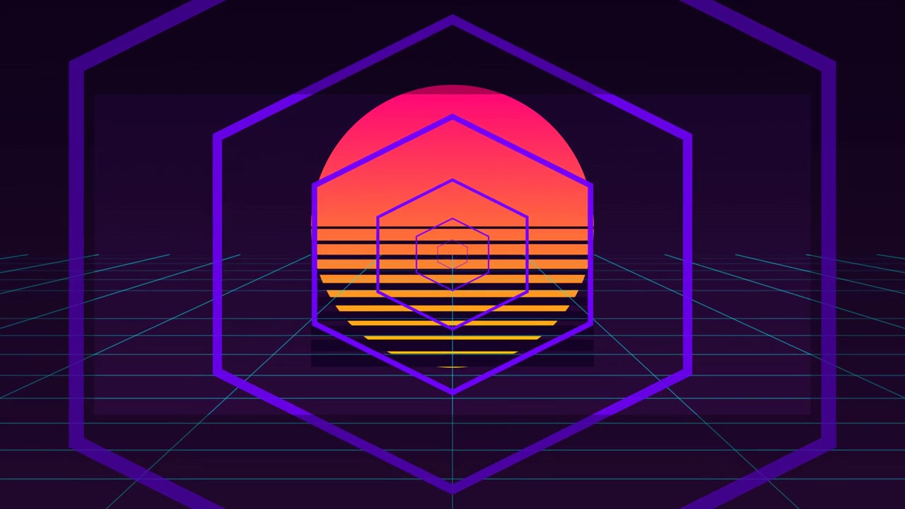 Animazione in stile Retro Synthwave con esagoni luminosi e tramonto