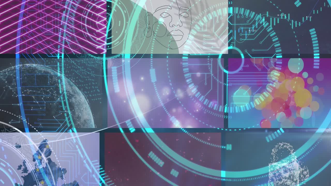 círculos de animación, globo terrestre, dibujo de rostro humano, patrones abstractos, mapa y candado digital.