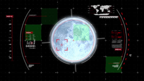 animation of planet earth with scope scanning, world map and data processing on black background