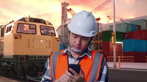 close up of asian male engineer with safety helmet using smartphone and looking around while standing with freight cargo train at port