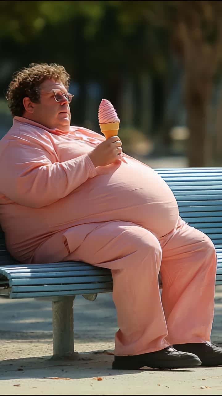 Um homem com uma roupa rosa saboreia um sorvete sentado em um banco no parque, aproveitando os prazeres simples da vida com uma expressão pensativa.