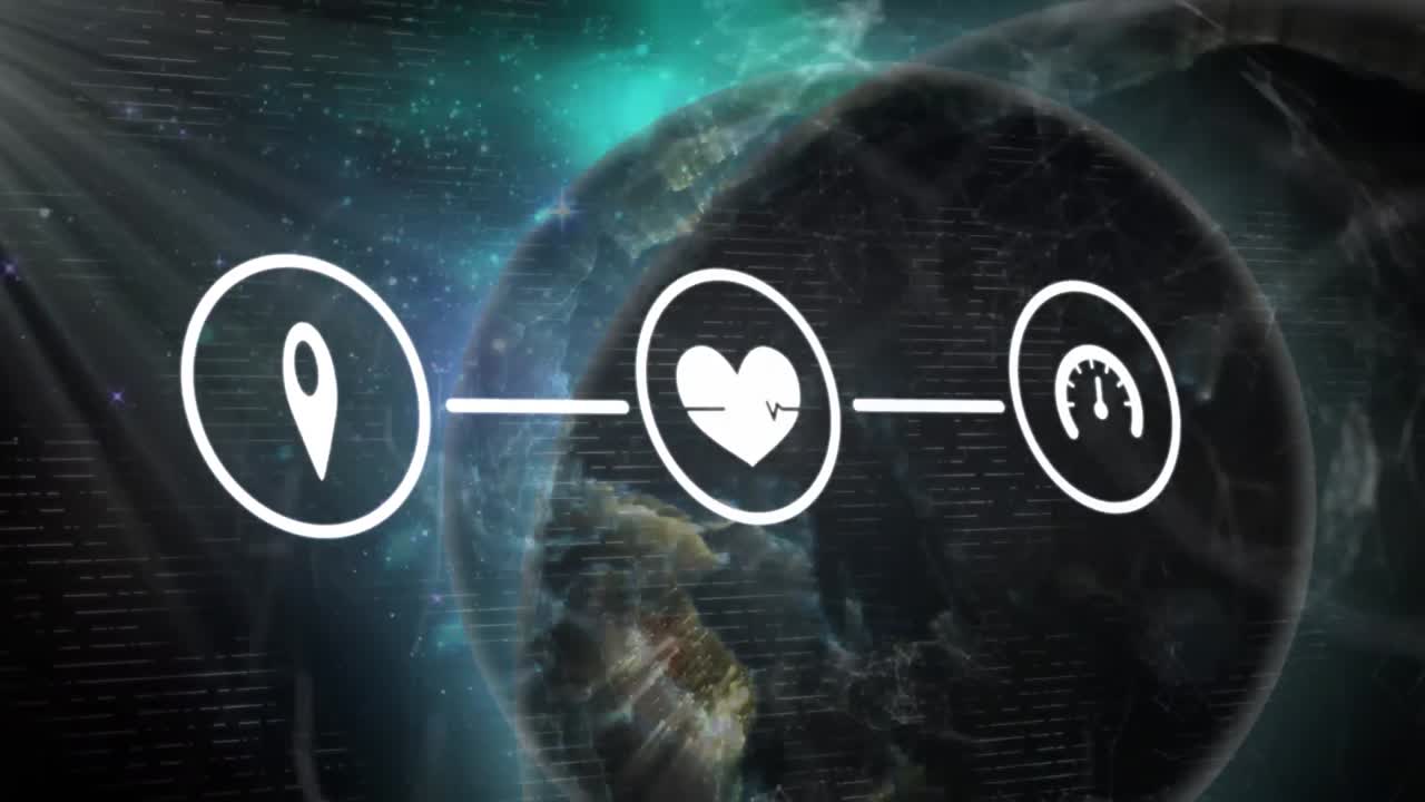 아이콘과 하늘 위의 지구로 연결된 네트워크의 애니메이션