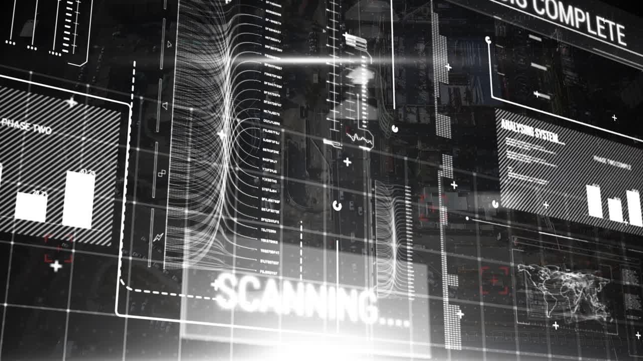 animación de escaneo de datos infográficos en interfaz digital sobre la calle de la ciudad
