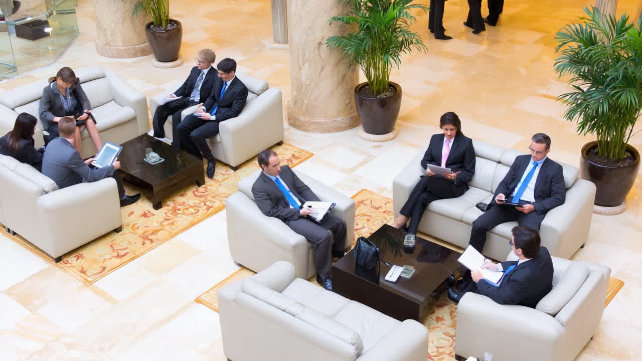 A Professional Gathering: Engaged Individuals in Business Attire Collaborate Over Technology in a Sophisticated Lobby Setting