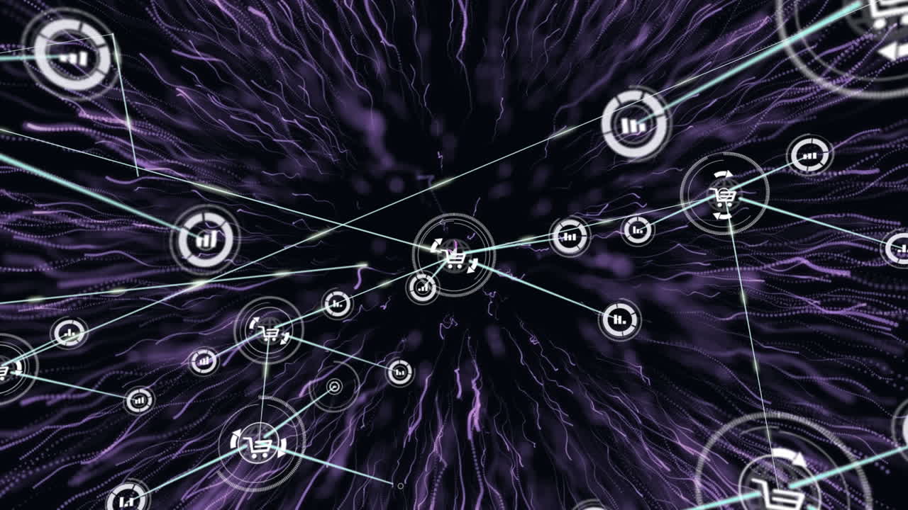 animación de la red de conexiones con iconos digitales sobre la explosión púrpura