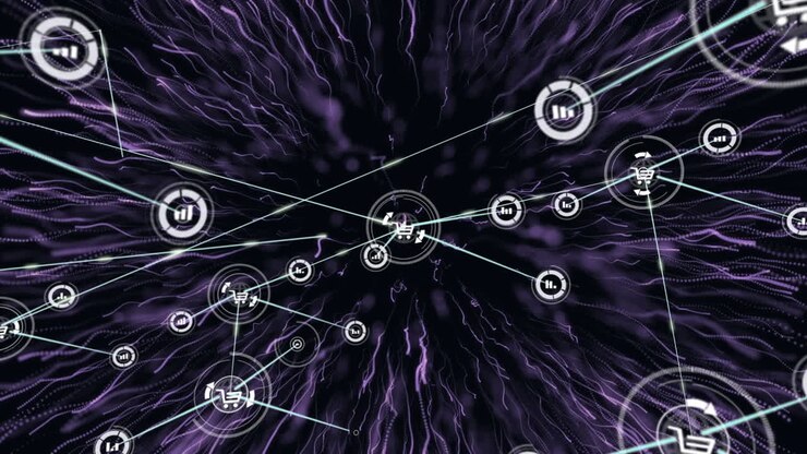 Animation af et forbindelsesnetværk med digitale ikoner over en lilla eksplosion