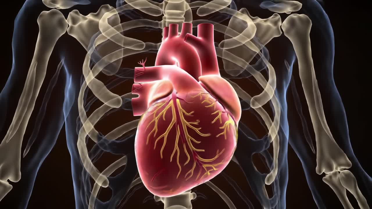 Anatomical Visualization of the Human Heart within the Skeletal Structure, Highlighting Cardiac Anatomy and Vascular Connections in Detailed Graphics