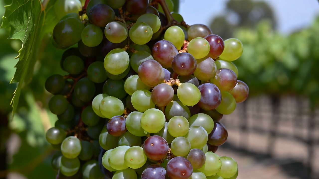 Ripe Grape Cluster In Vineyard, Sunlit Closeup Showing Multicolor Grapes Transitioning From Green To Purple,