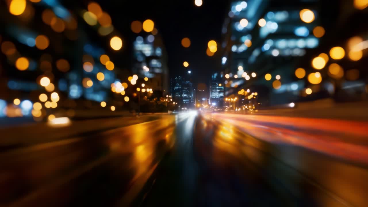 Dynamische urbane Bewegung: Festgehaltene Momente einer Nachtfahrt durch eine Stadt mit lebendigen Lichtspuren und Bokeh-Effekten von vorbeifahrenden Fahrzeugen und Straßenlaternen