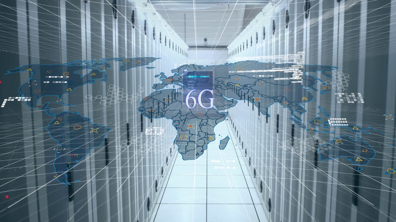 animazione di testo 6g, mappa del mondo, elaborazione dei dati su server informatici
