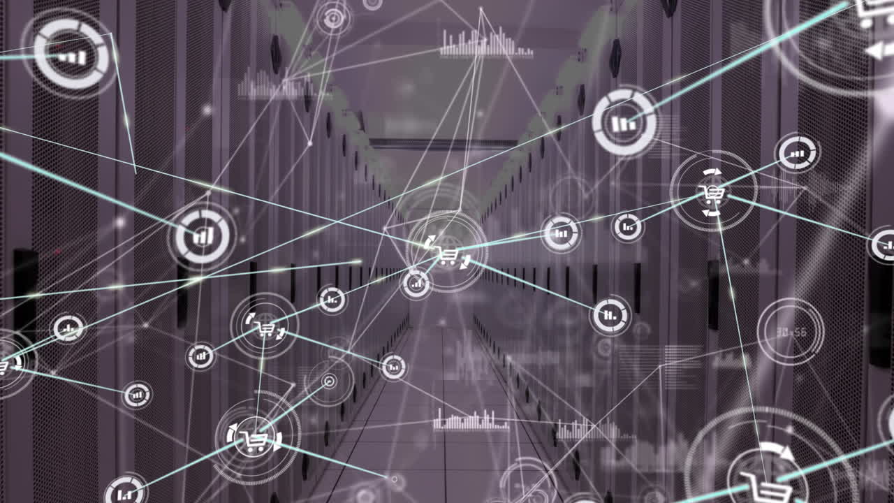 animación de la red de conexiones con iconos y procesamiento de datos sobre la sala de servidores