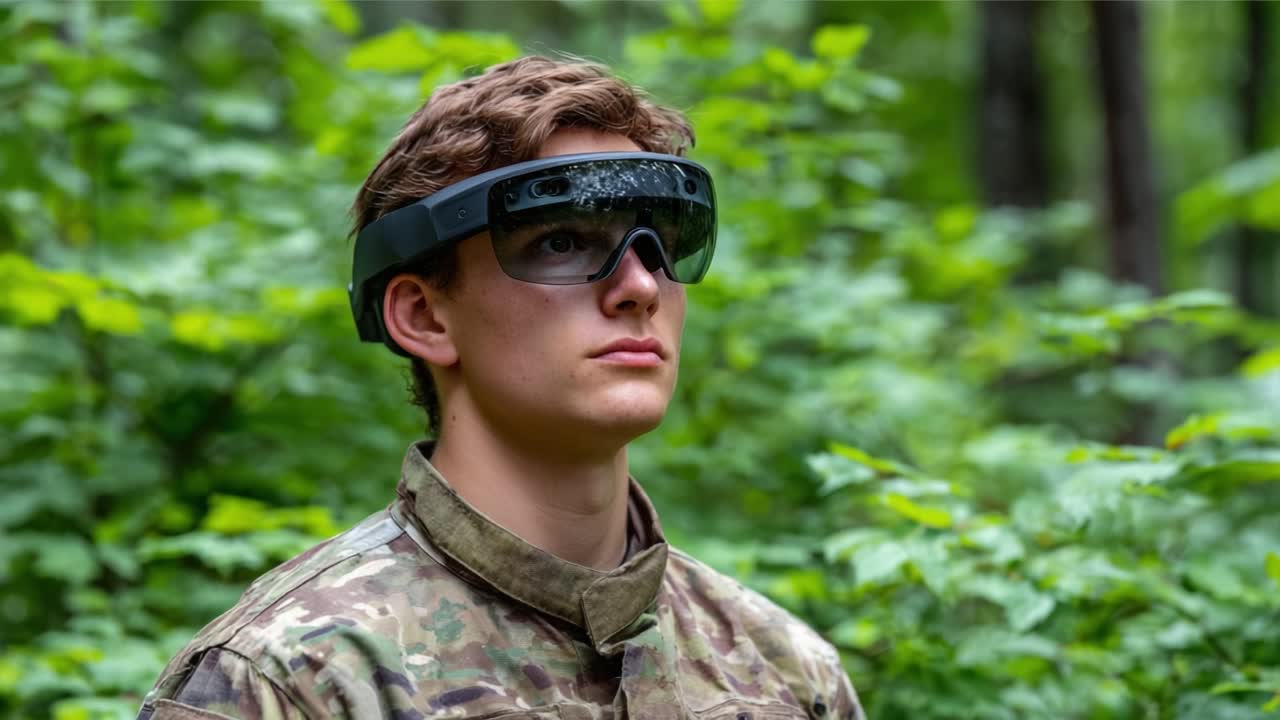 A military personnel equipped with advanced augmented reality glasses observes the surroundings intently while amidst lush greenery, highlighting modern technology in outdoor scenarios