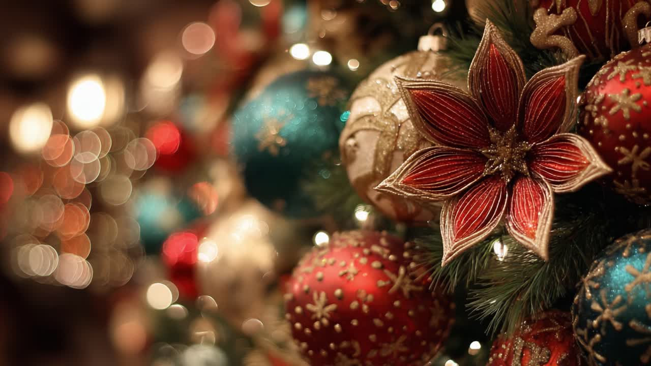Festive Ornaments and Floral Accents Create a Warm Holiday Atmosphere in a Christmas Tree Decoration Scene Highlighted by Soft Bokeh Lights