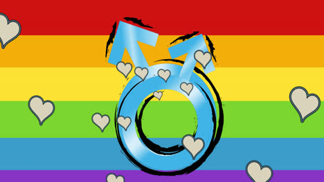 animation of hearts and male symbol over rainbow background