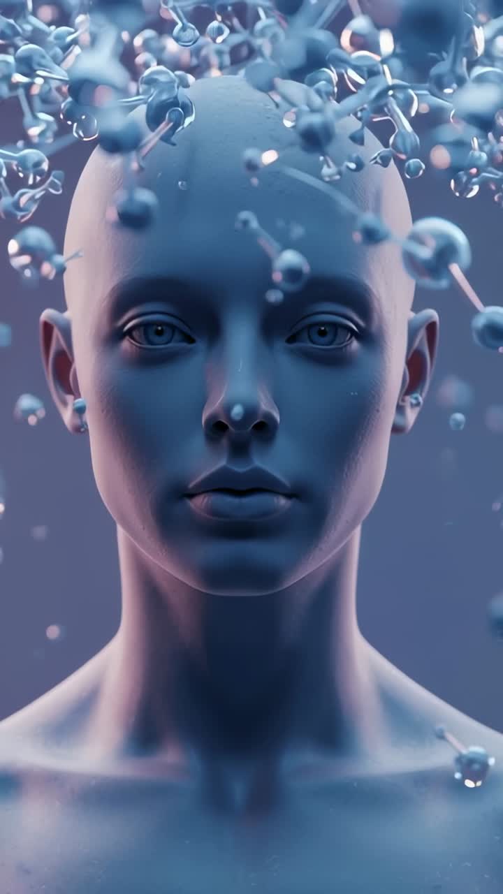 Vertical video: Swirling metallic clusters starting orbit around digital bust in blue gray gradient