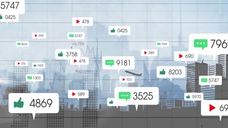 Animación-De-íconos-De-Redes-Sociales-Y-Números-En-Pancartas-Sobre-Estadísticas,-Aviones-Y-Paisajes-Urbanos