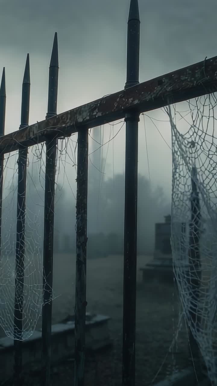 Vertical video: Opening camera shot panning upward past fence in foggy cemetery, showing tombstones