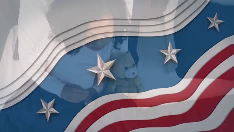 animation of flag of usa waving over african american girl with teddy bear in bed