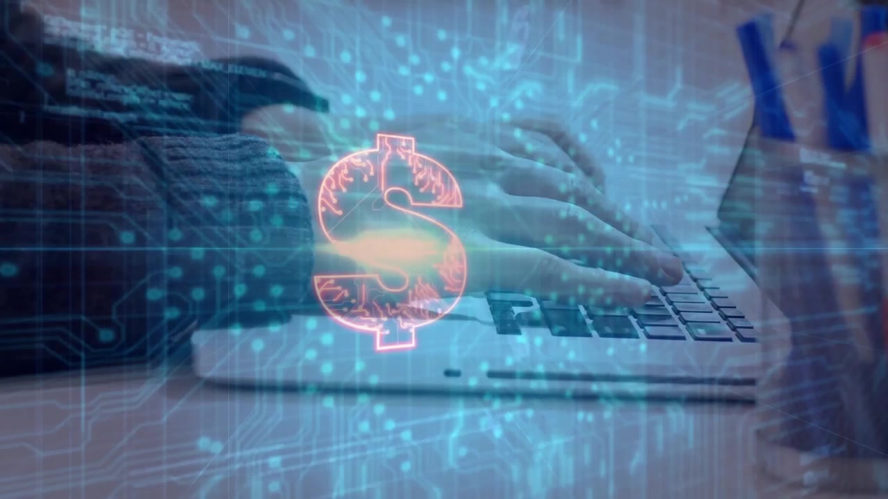 Person Typing on Laptop with Digital Financial Data Overlay