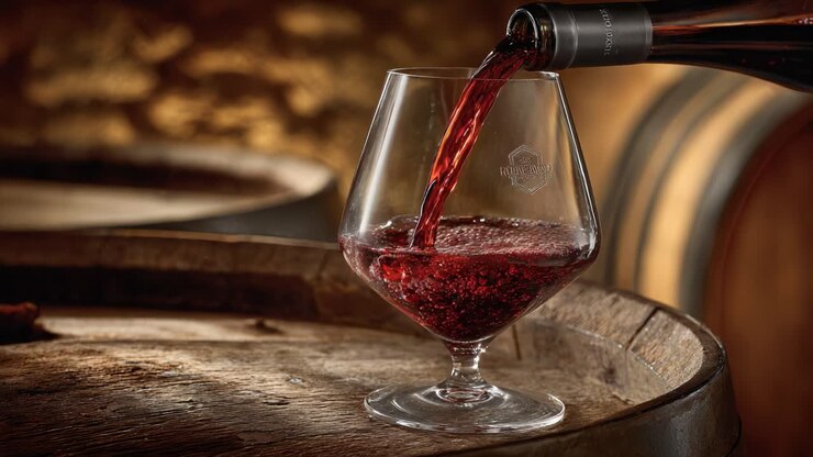 An Elegant Pour: Capturing the Sensory Experience of Wine Being Poured into a Crystal Glass, Showcasing Rich Red Tones and the Warm Ambiance of a Winery