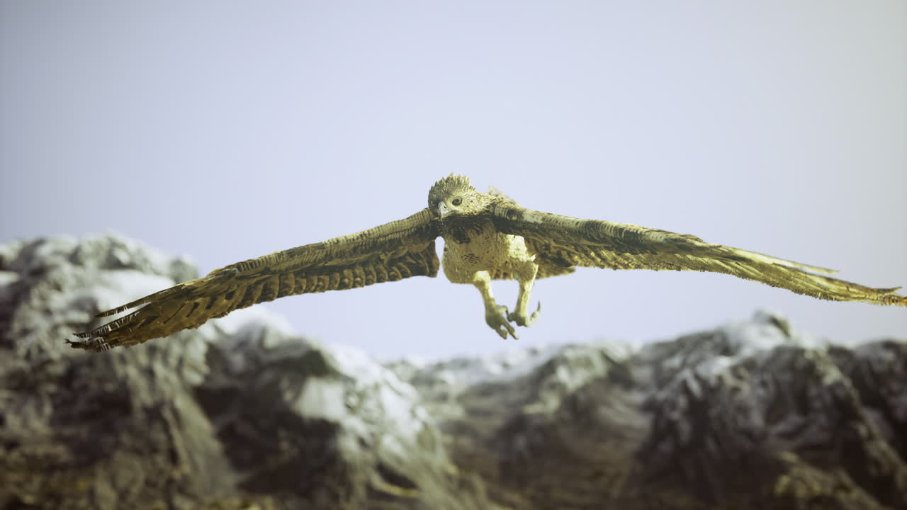 Majestic eagle soars over rocky mountains beneath a clear sky