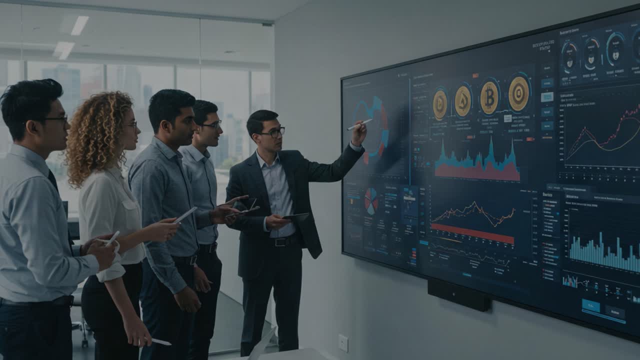 A group of professionals engaged in a dynamic data visualization session, analyzing crucial metrics and trends displayed on a large digital screen, fostering collaboration and insight