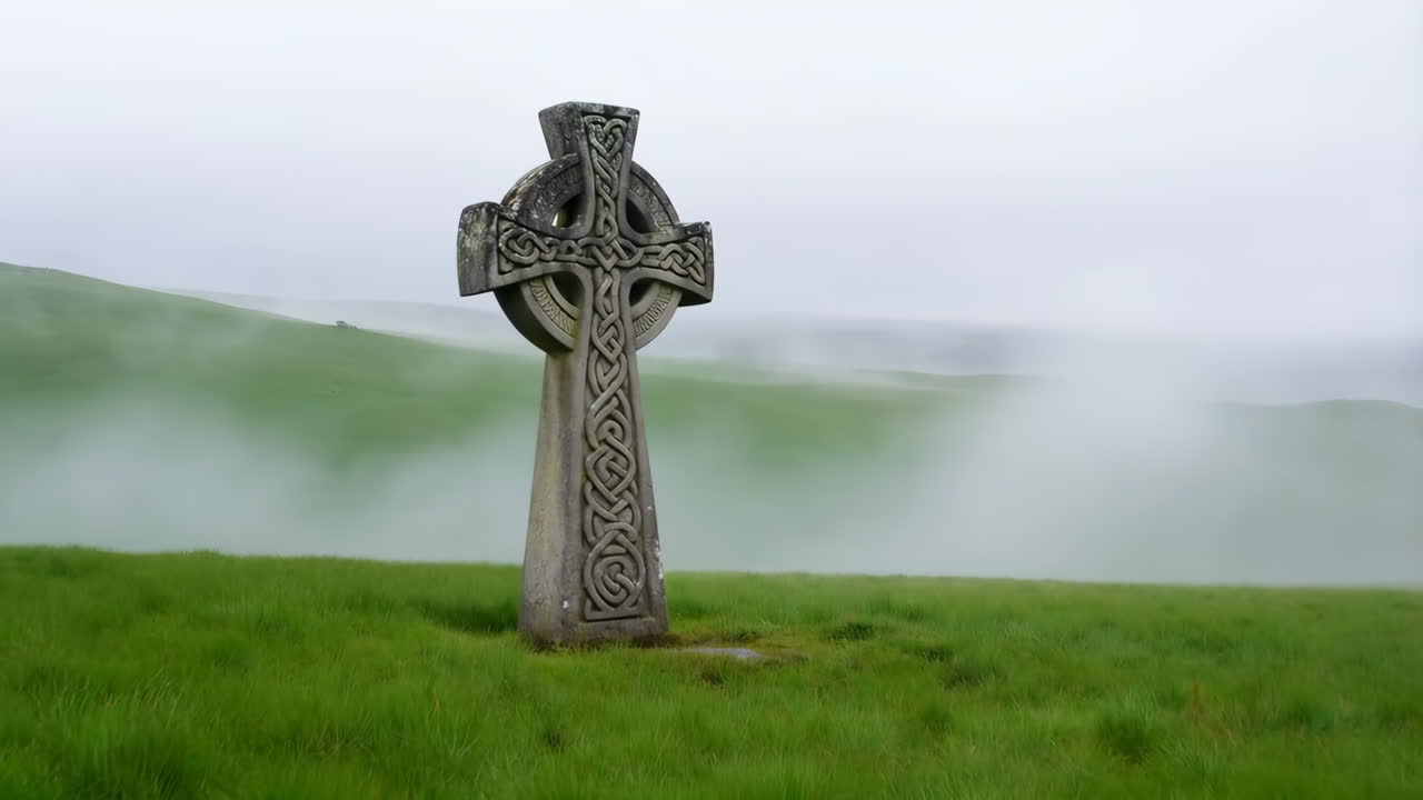Salib Batu Celtic Kuno di Lereng Bukit Hijau Berkabut