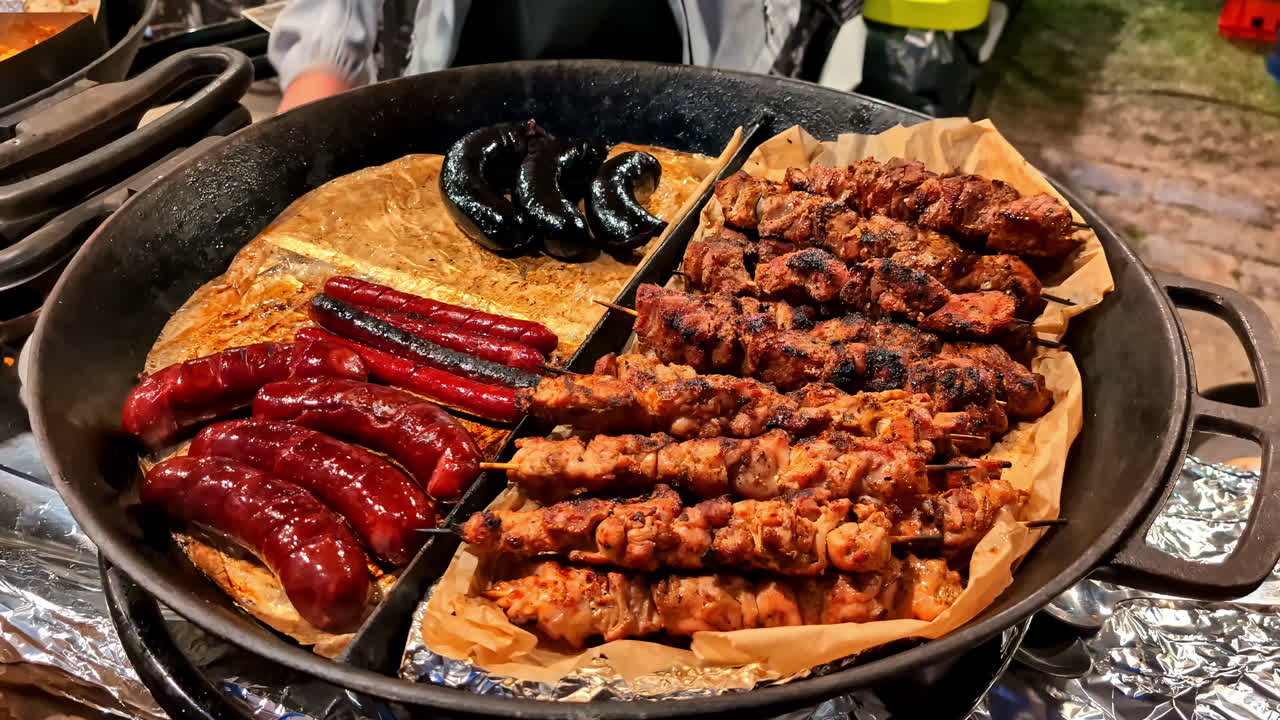 Spiedini di carne cotti con bordi croccanti e superficie scurita, pronti da mangiare su un piatto.