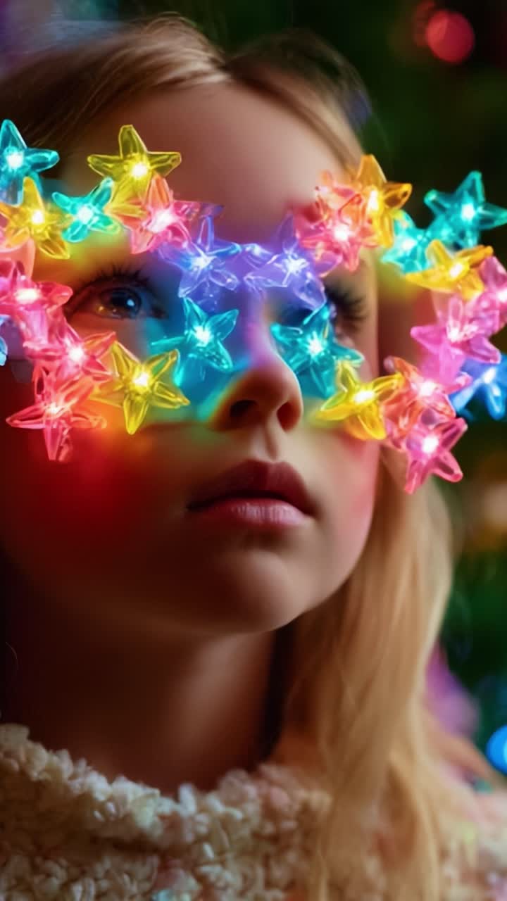 A Young Girl With Enchanting Star-Shaped Light Glasses Captivated by the Magic of Colorful Holiday Decor, Radiating Joy and Wonder Amidst a Dreamy Background of Festive Cheer and Whimsy