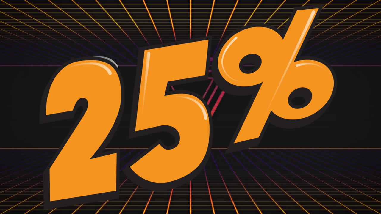 animación del signo del 25 por ciento sobre triángulos de neón y cuadrícula sobre fondo negro