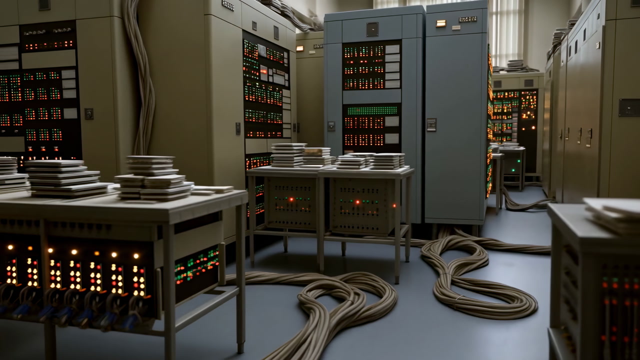 Vintage Server Room With Tangled Cables, Blinking Panels, Stacked Drives On Workbench Suggest Technician