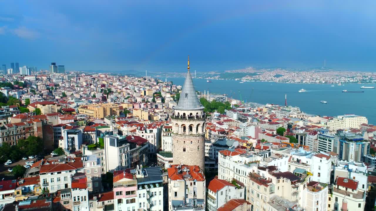 Premium stock video - Galata tower pull back istanbul skyline rainbow ...