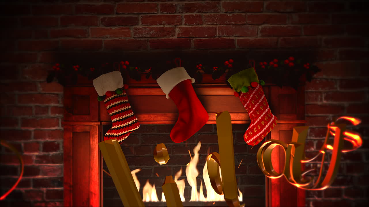 камин с подарками в рождественских носках и текстом с праздником