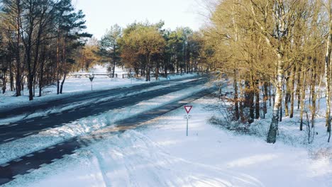 empty tree lined highway covered partially with snow, covid corona virus lockdown drone view