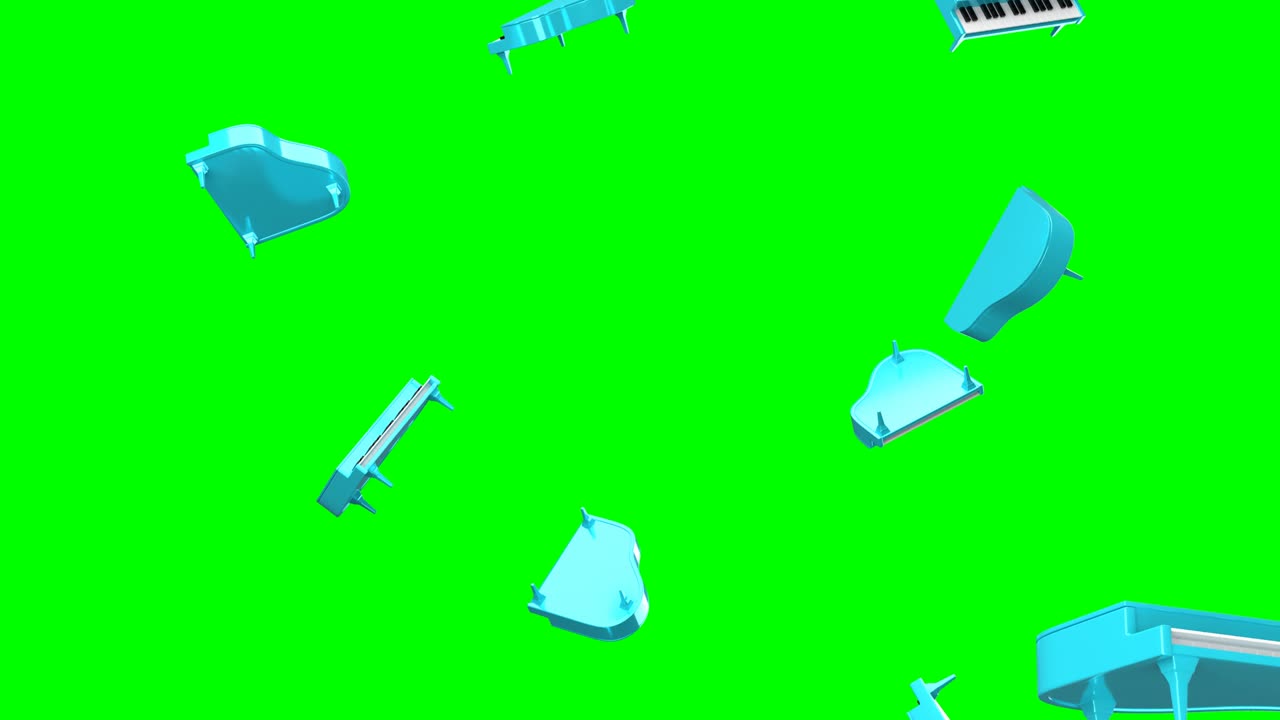 녹색 크로마 키 배경에 파란색 피아노를 날아다니고 있습니다.