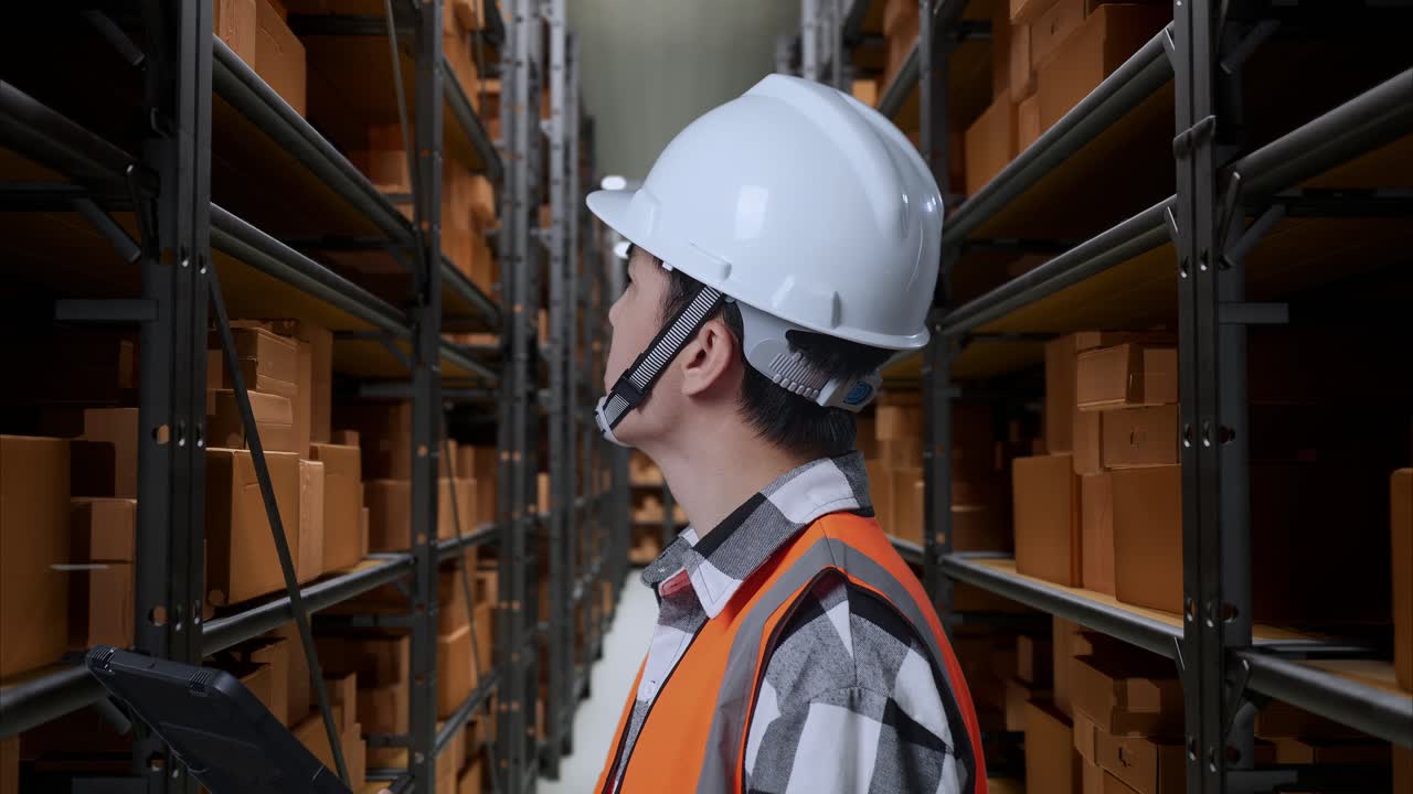 vista lateral de cerca de un ingeniero masculino asiático con casco de seguridad mirando la tableta en su mano y mirando a su alrededor mientras estaba de pie en el almacén con estantes llenos de productos de entrega