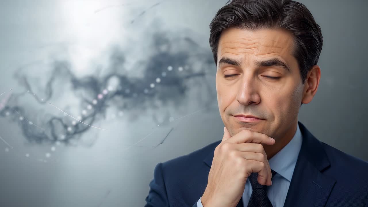 Comienza la grabación, hombre en traje sujetando la barbilla, analizando la hélice, cambiando la mirada en el estudio, espacio para texto