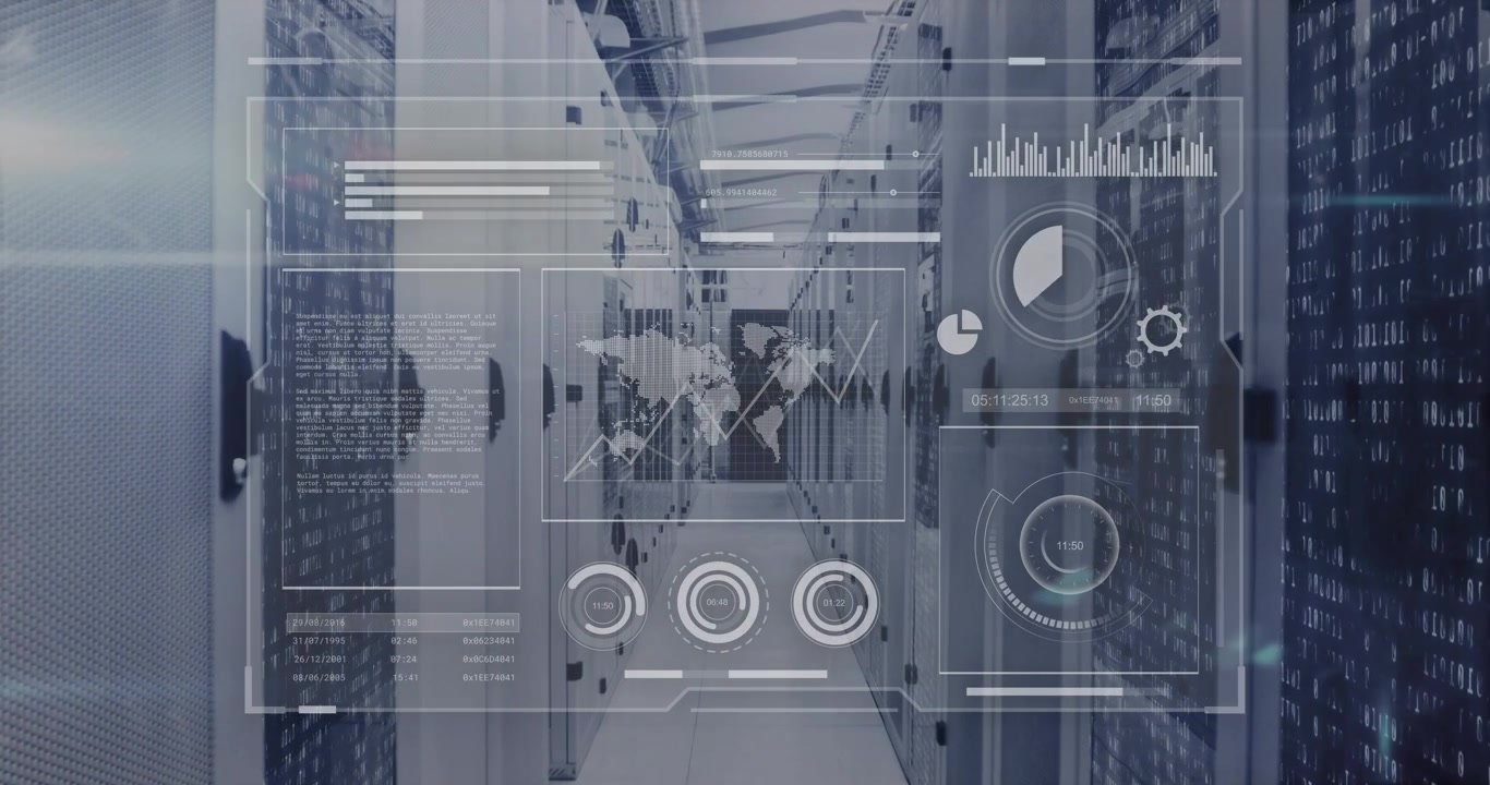 Translucent futuristic HUD overlay floating across data center aisle, showing world map and charts